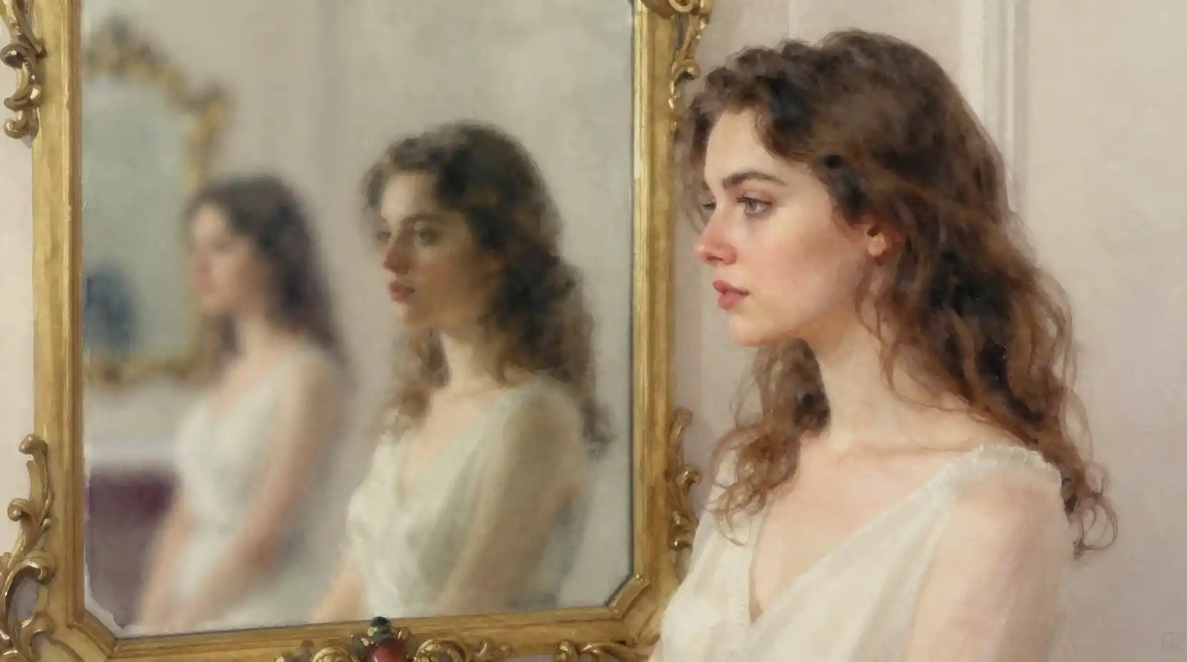 Watercolor portrait of a young woman in an ornate room