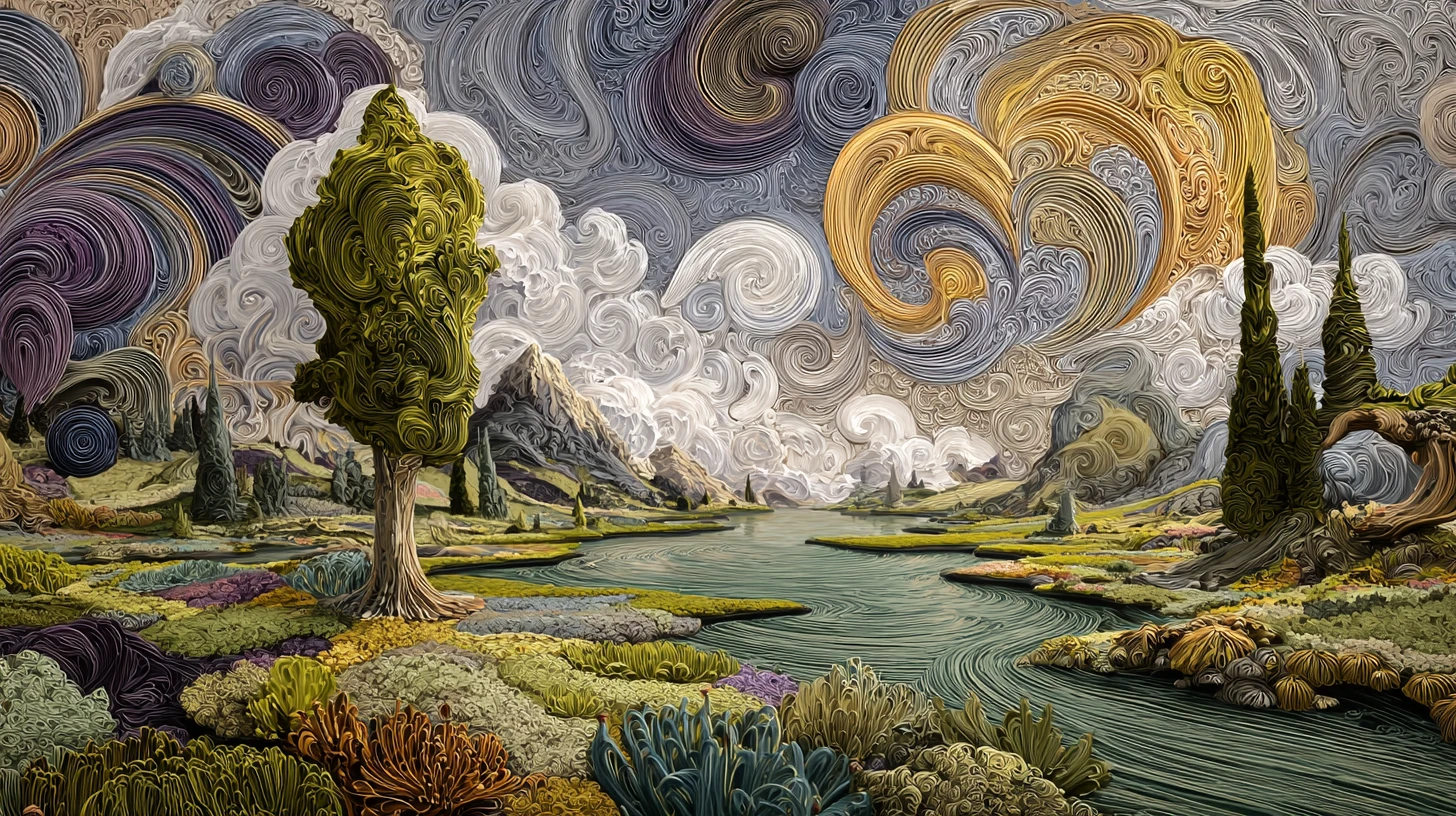 Surreal dreamlike landscape with vibrant swirling abstract patterns