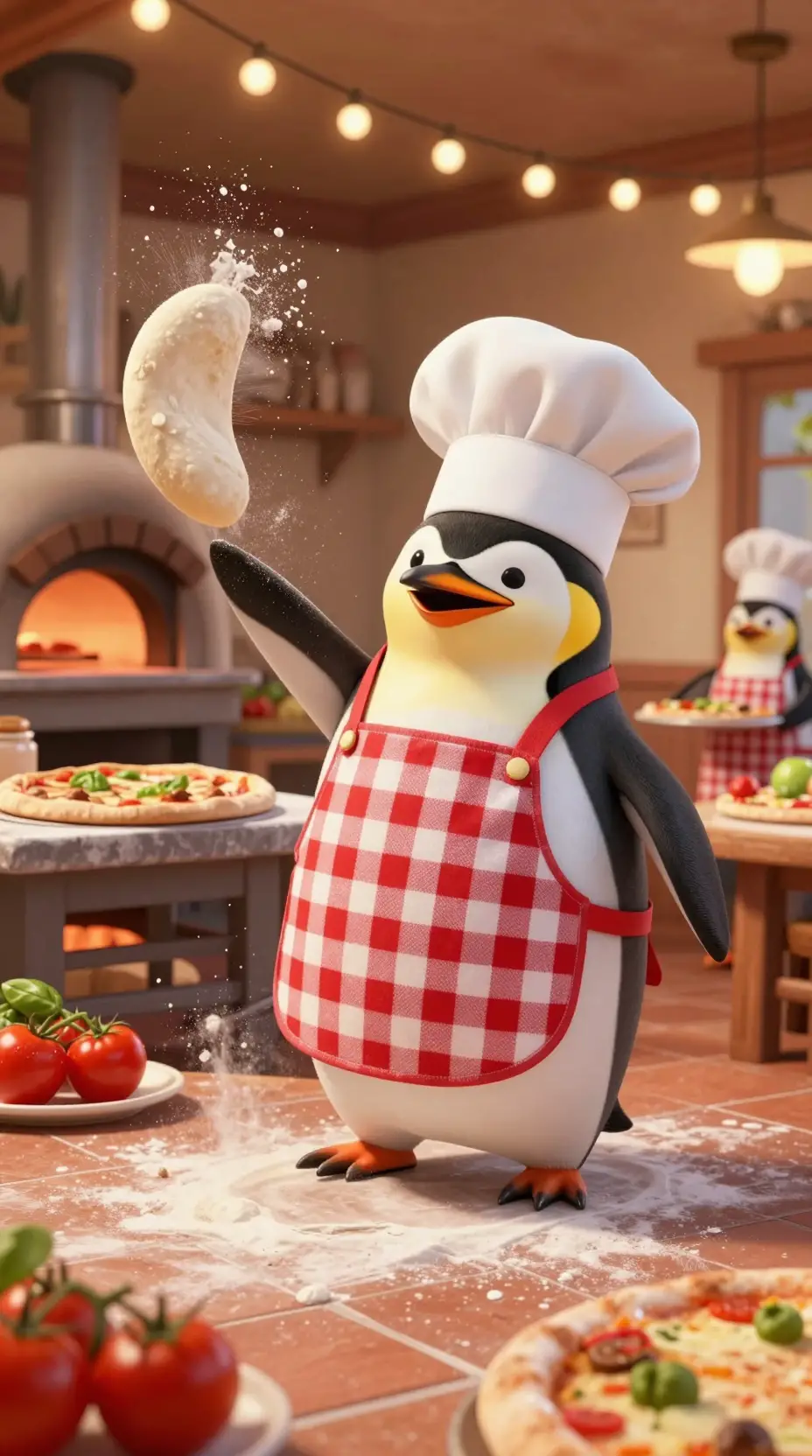 Chubby Penguin Chef Tossing Pizza In Italian Kitchen