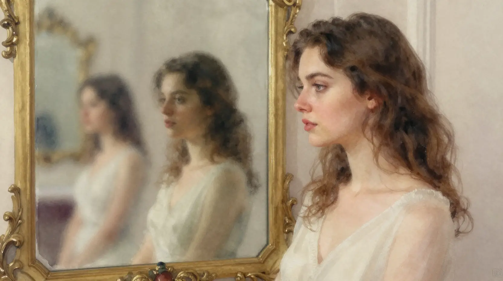 Watercolor portrait of a young woman in an ornate room