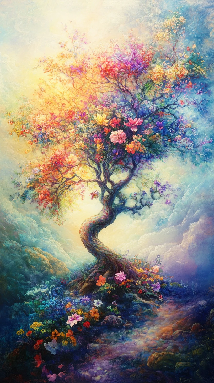 Albero appassito che esplode in una fioritura primaverile colorata
