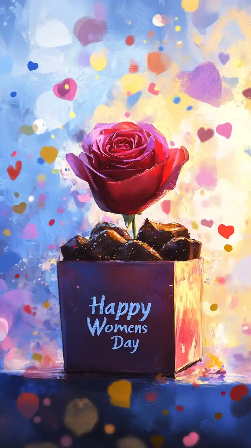 Valentines chocolate box with rose and colorful abstract background