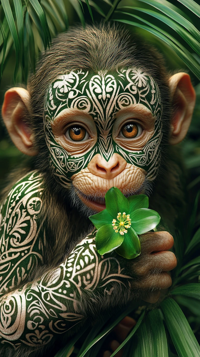 Bebé mono alegre en una exuberante escena de selva verde