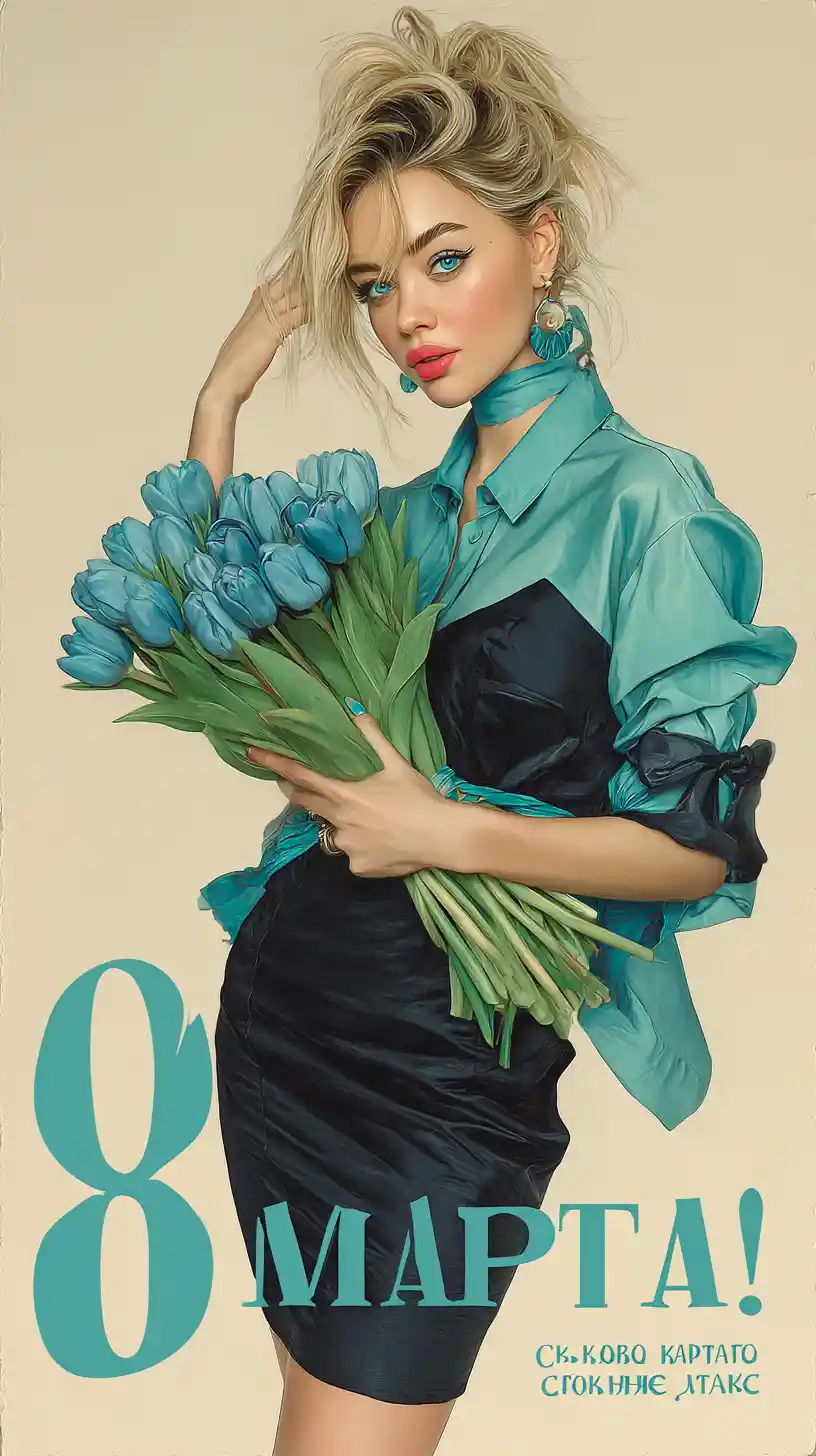 Smiling blonde woman holding blue tulips for March 8 greeting