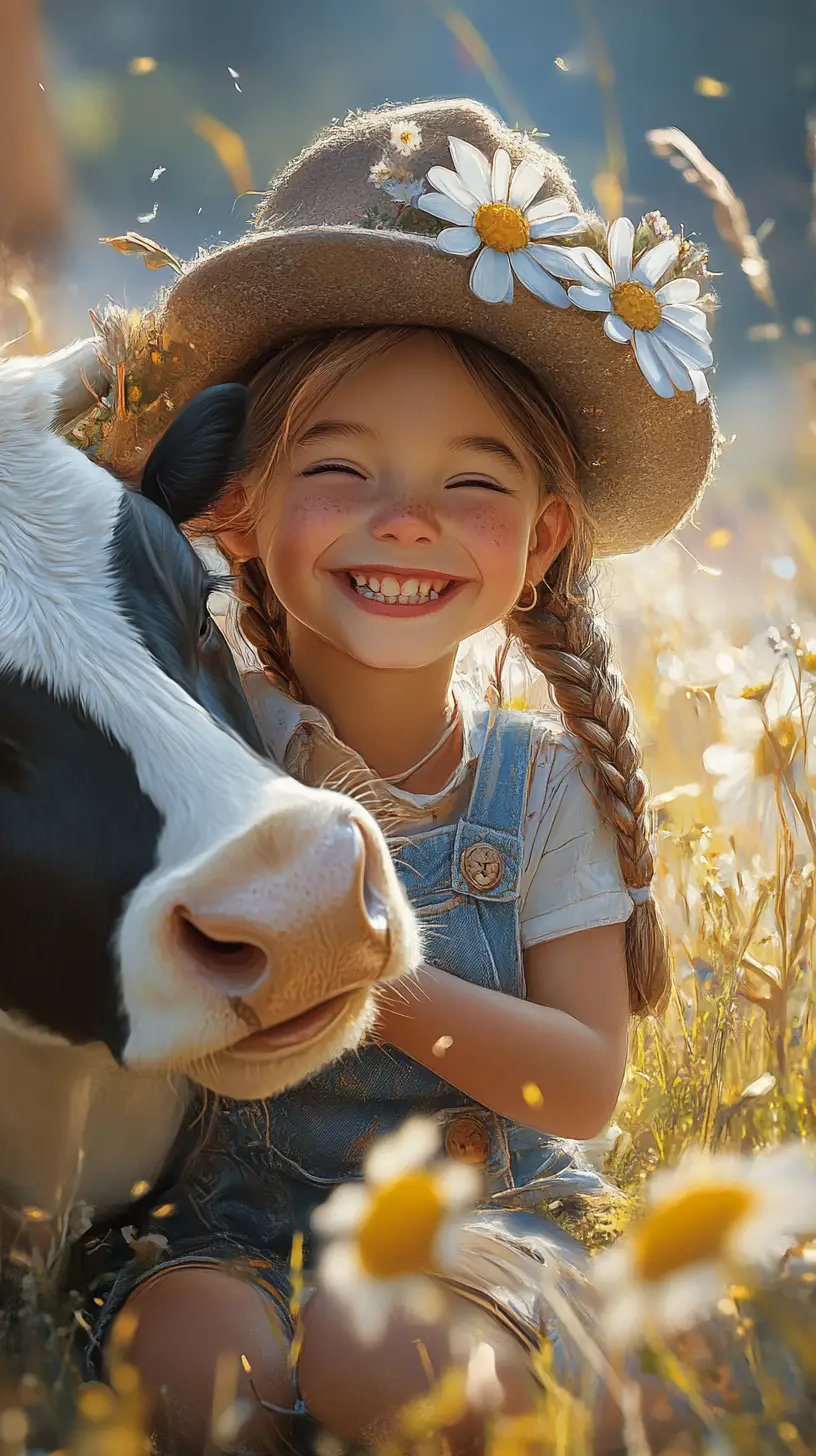 Petite fille heureuse enlacant une vache dans un pré de montagne