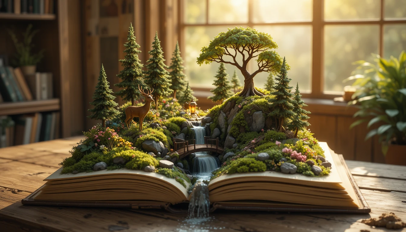 Open book transforming into a tiny forest on table