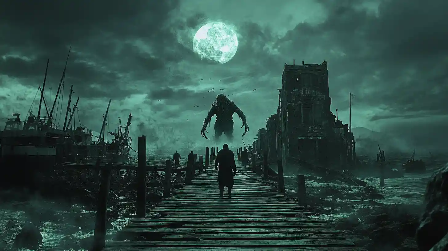 Old sailor faces cthulhu on a moonlit rickety dock