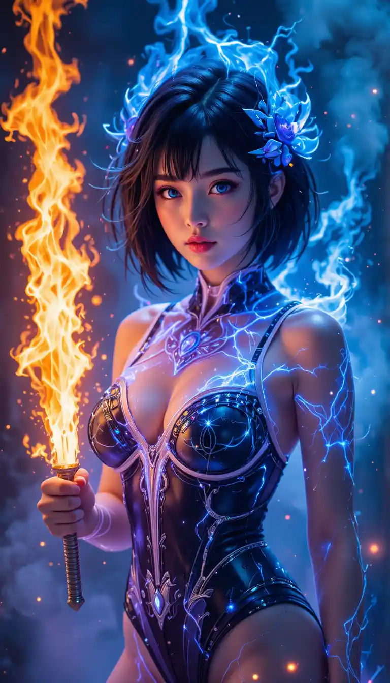 Blue eyed girl wielding a flaming sword with magical fire