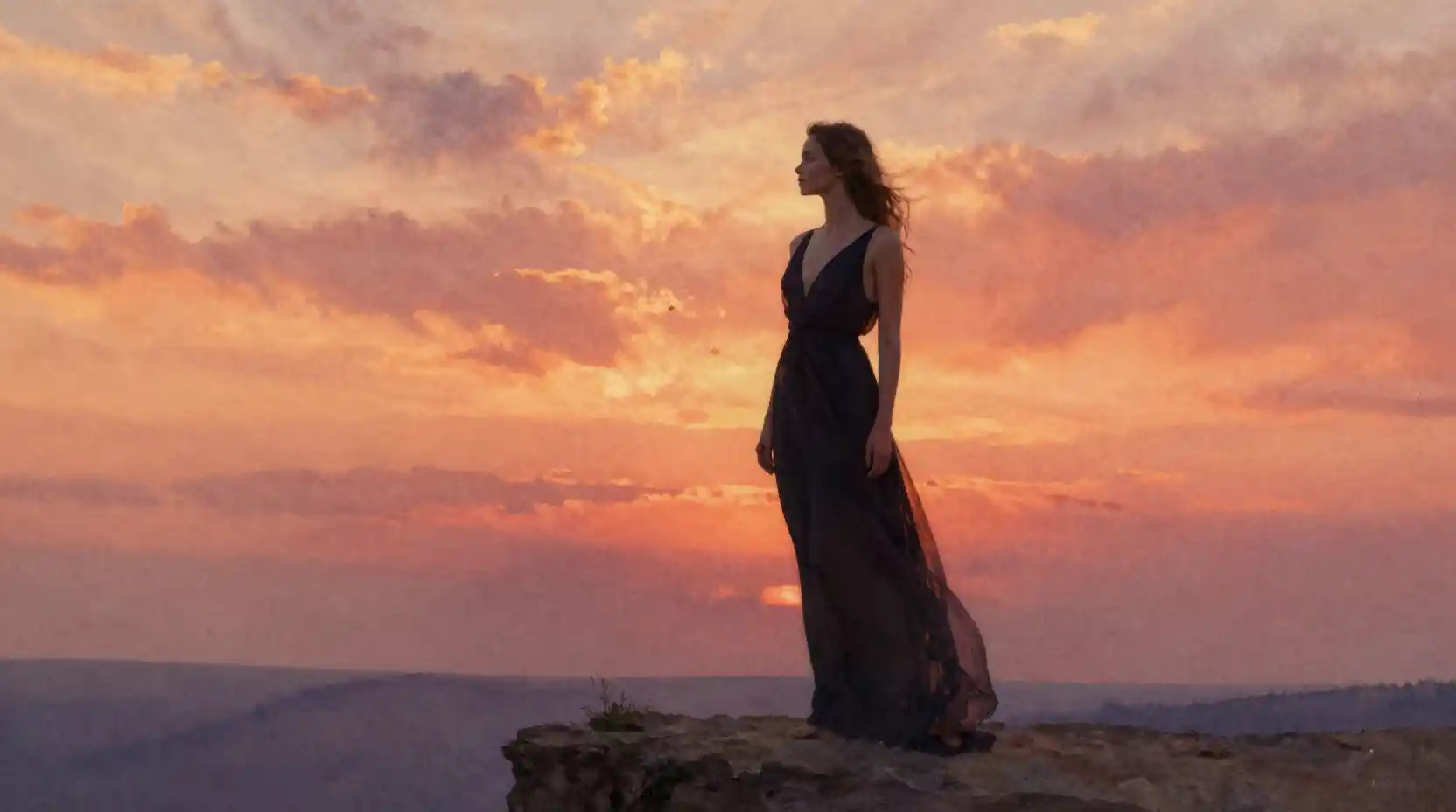 Young woman in a dark gown at sunset on a cliff