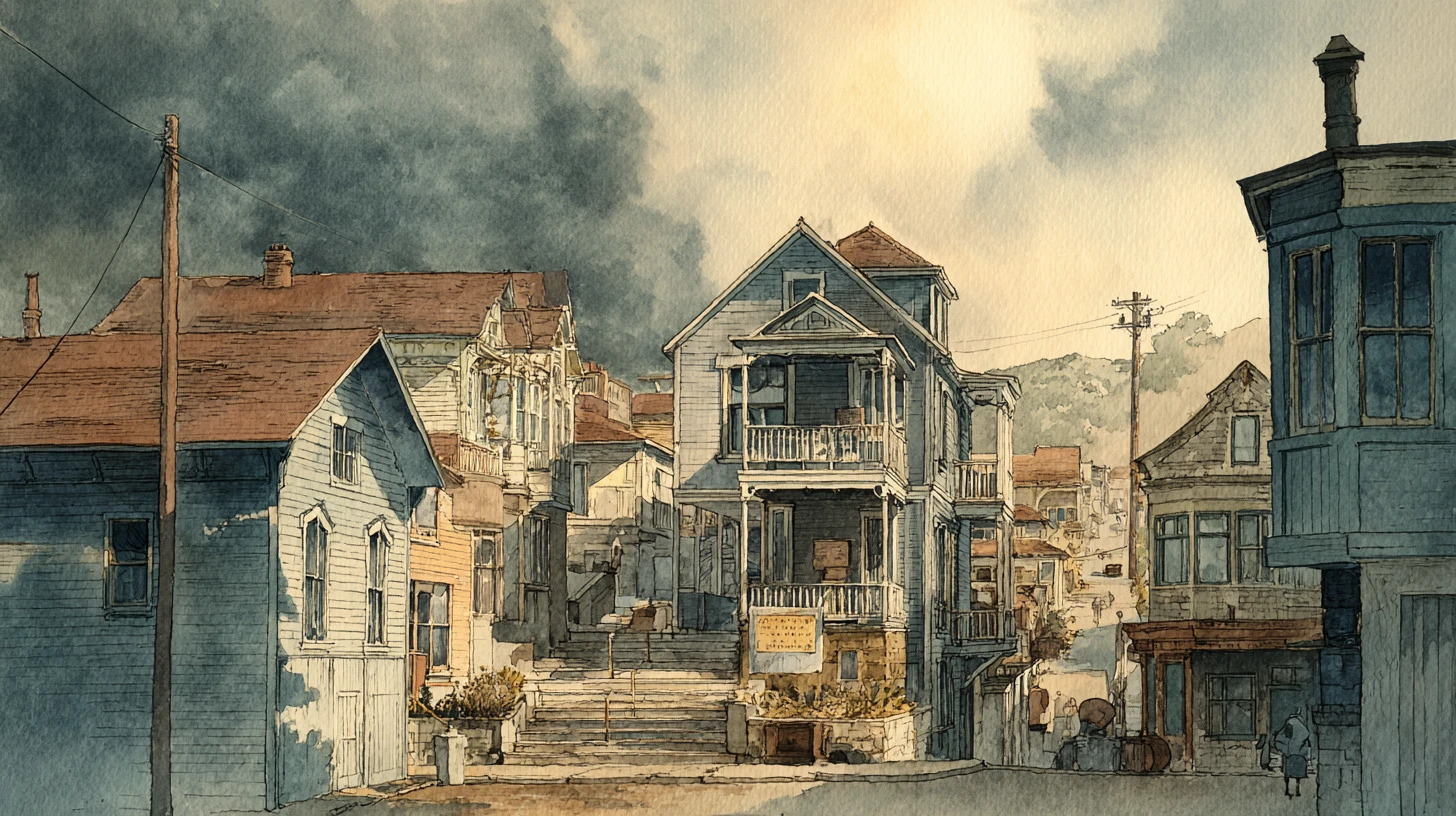 Antica strada del molo di San Francisco con edifici storici in acquerello