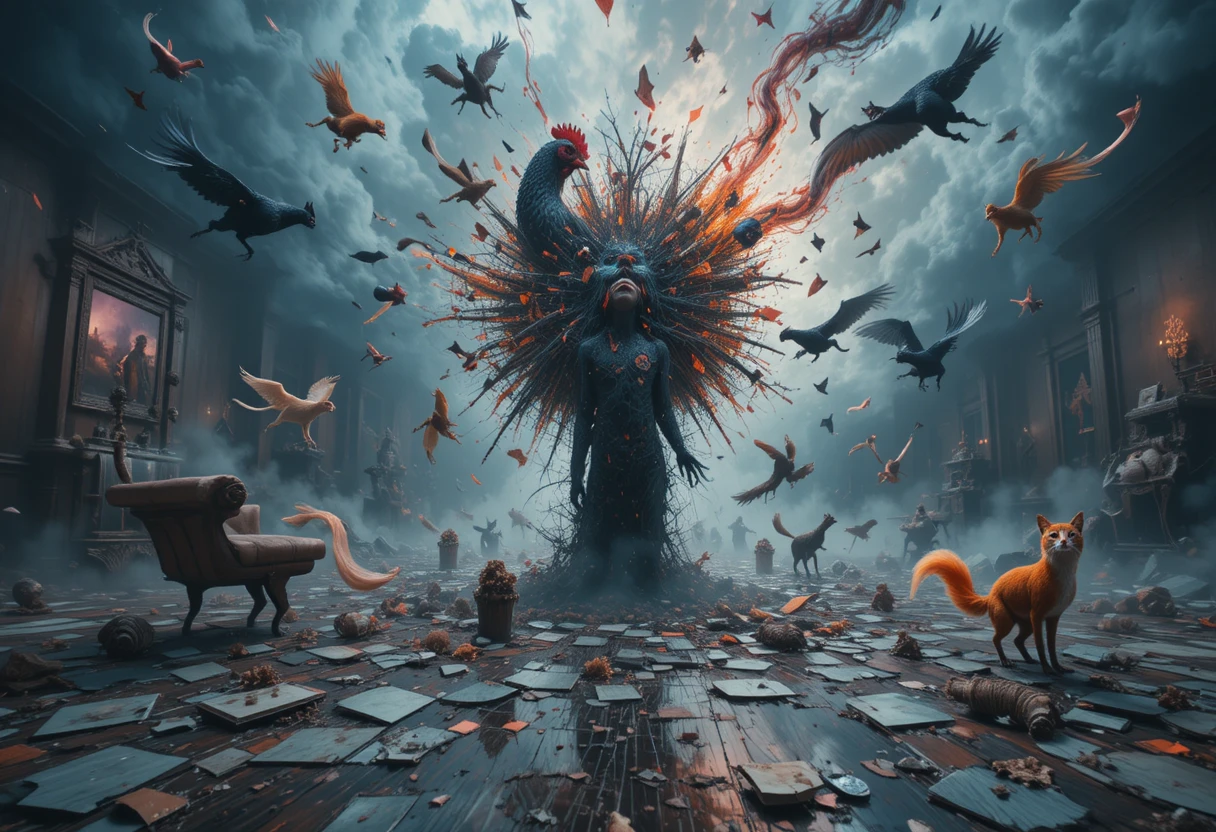 Figura surreal disolviéndose en un vórtice caótico en un interior