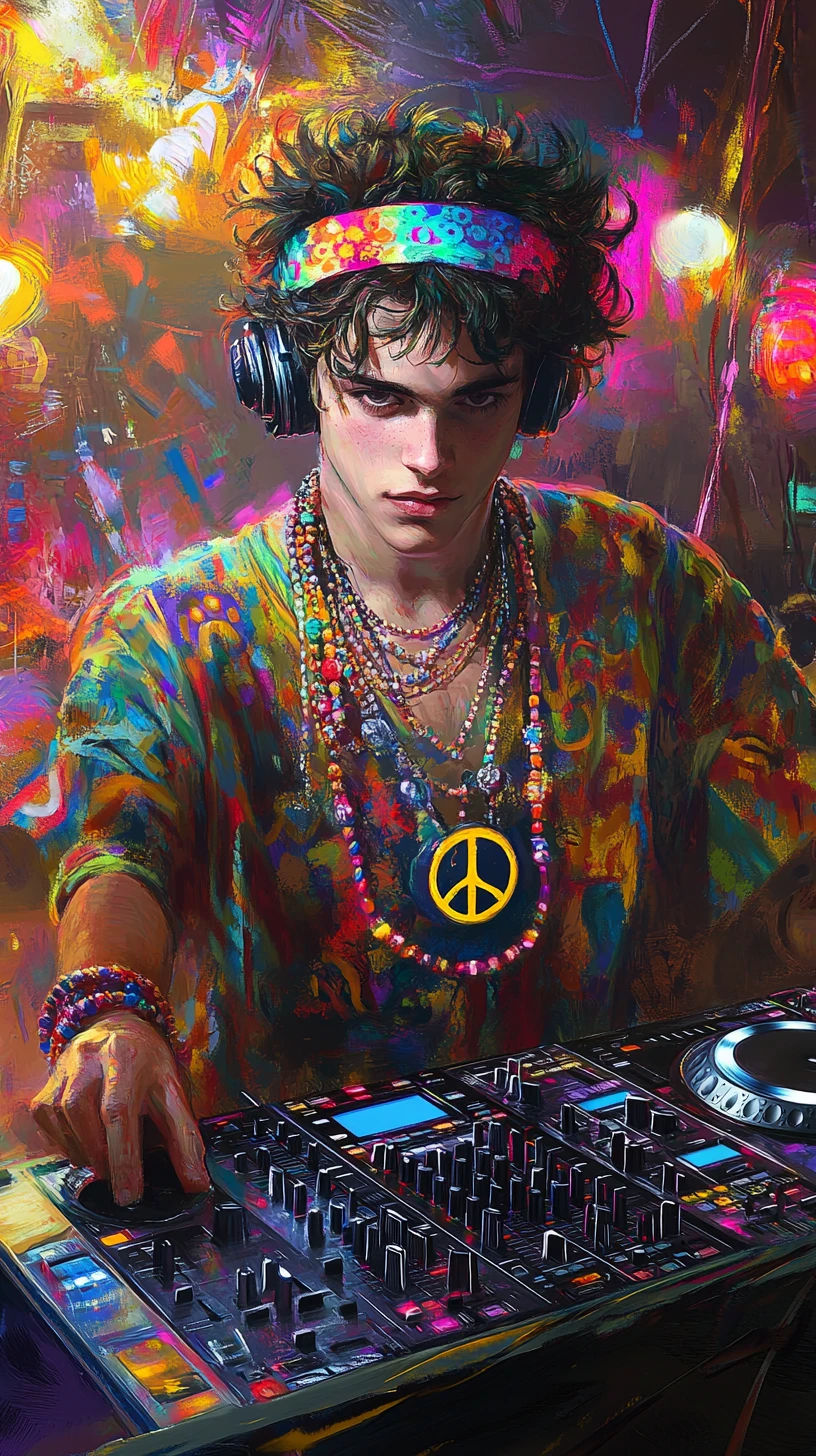 Hippie style DJ with peace sign jewelry at party booth