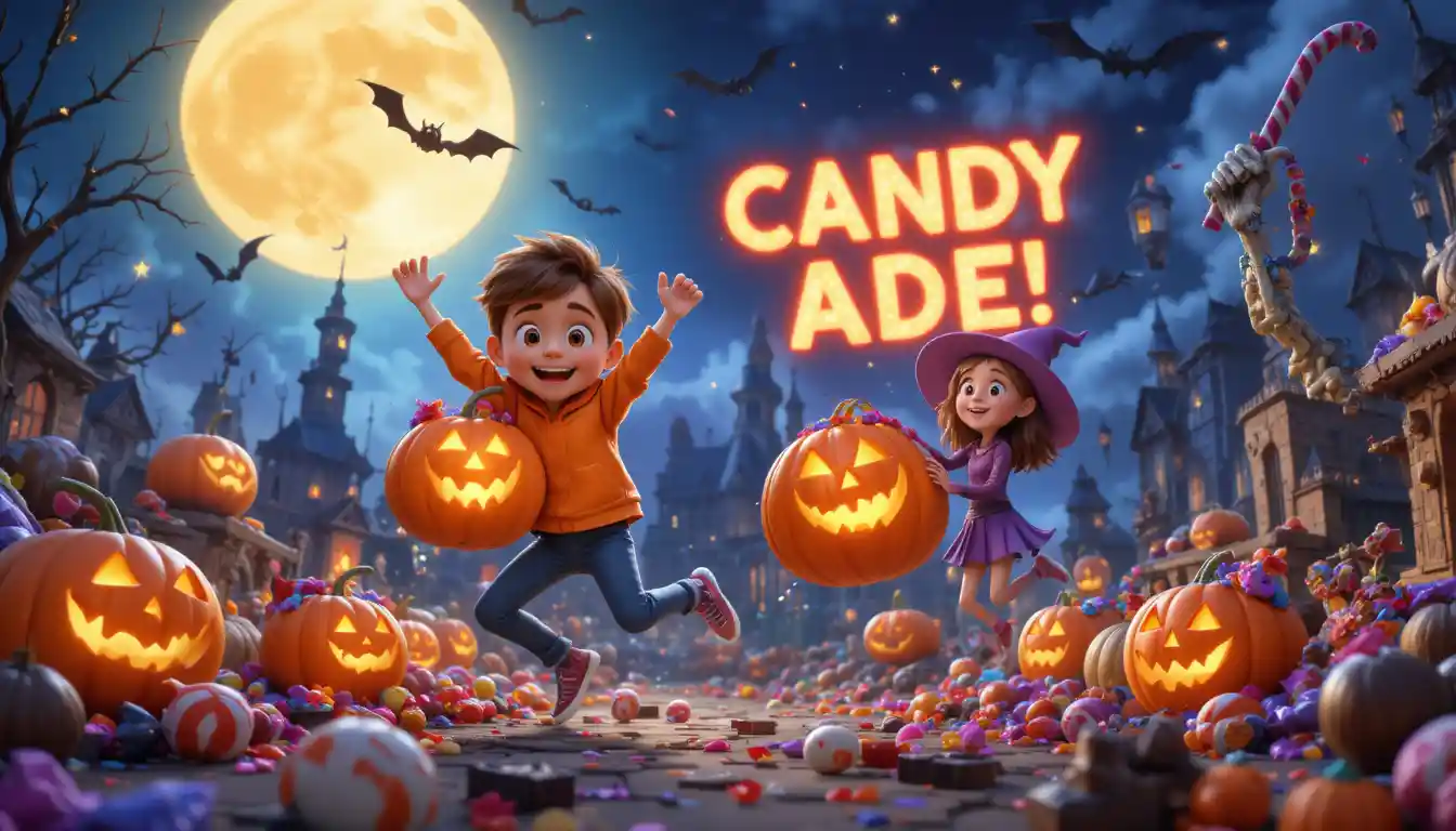 Kids jumping with candy in a glowing Halloween night