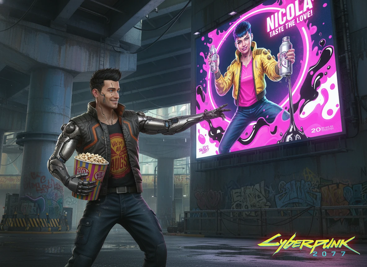 Cyberpunk-Mann posiert vor einer Neon-Getränke-Werbetafel
