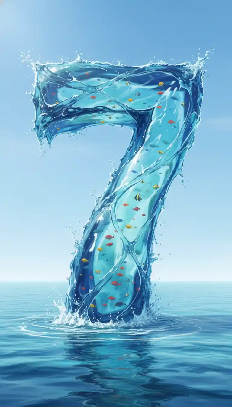 Giant Water Number Seven Rising From A Calm Ocean