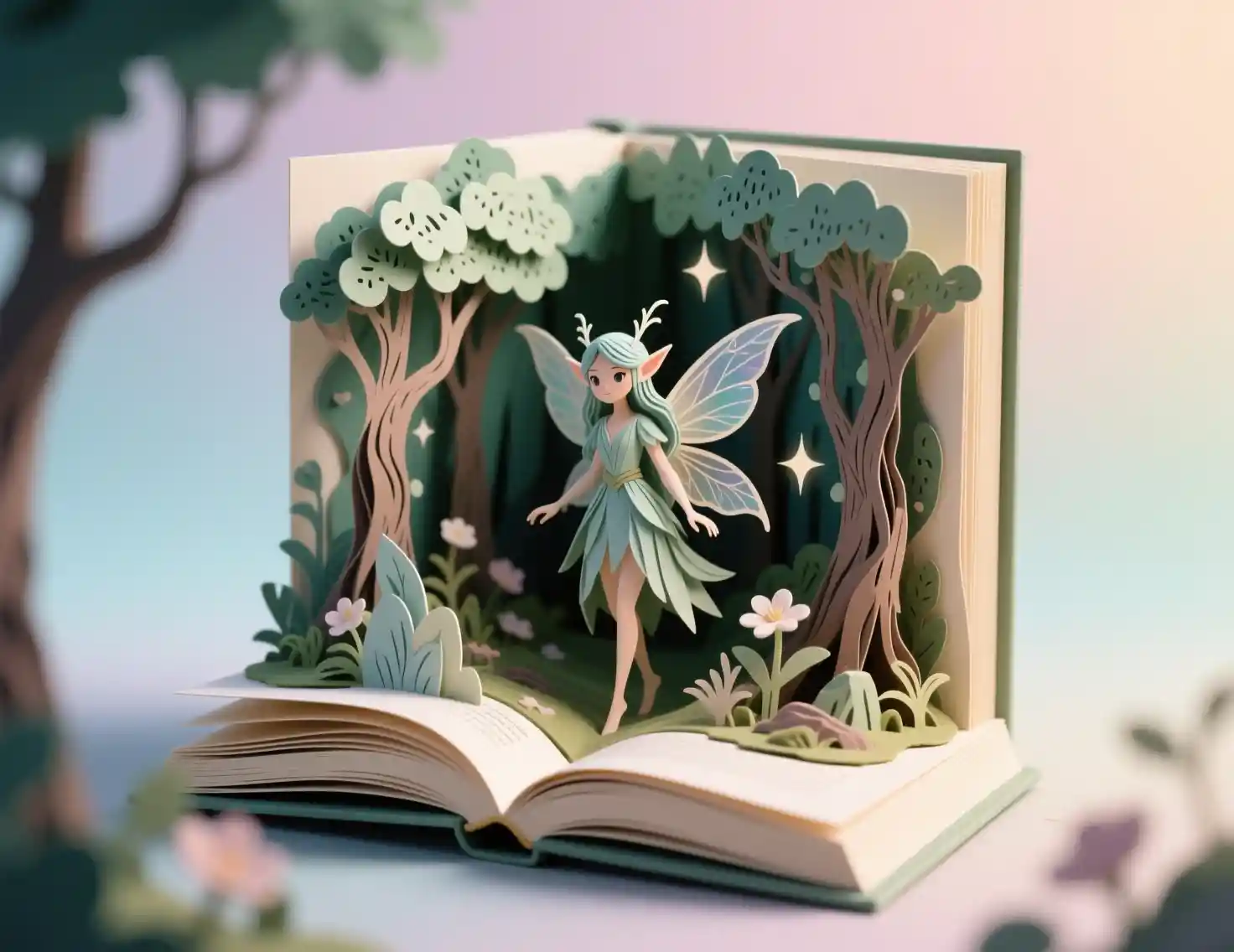Fata che emerge da un libro pop-up di foresta in paper craft