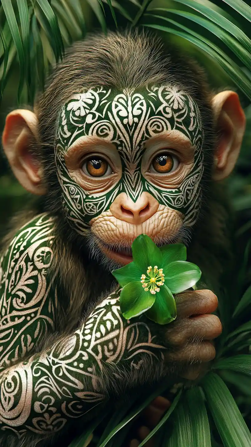 Bebé mono alegre en una exuberante escena de selva verde