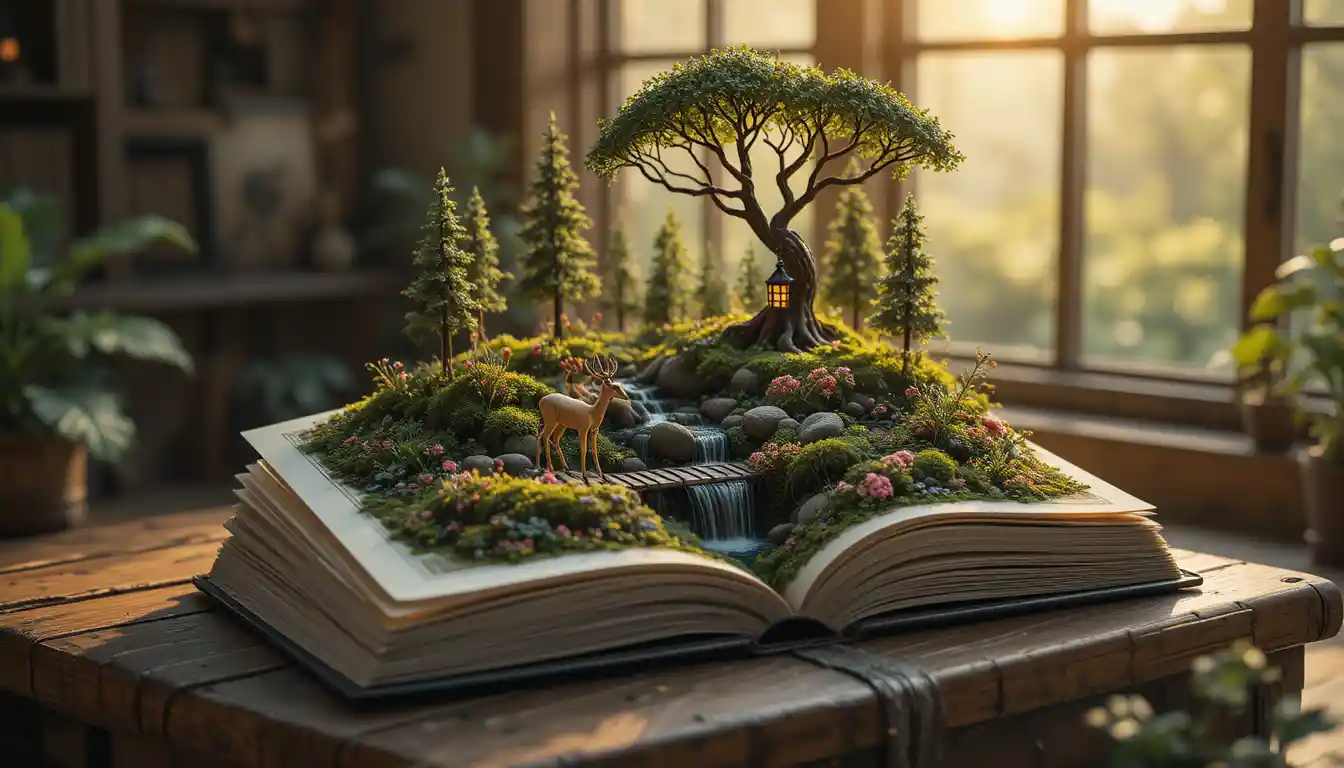 Open book growing a tiny forest on wooden table