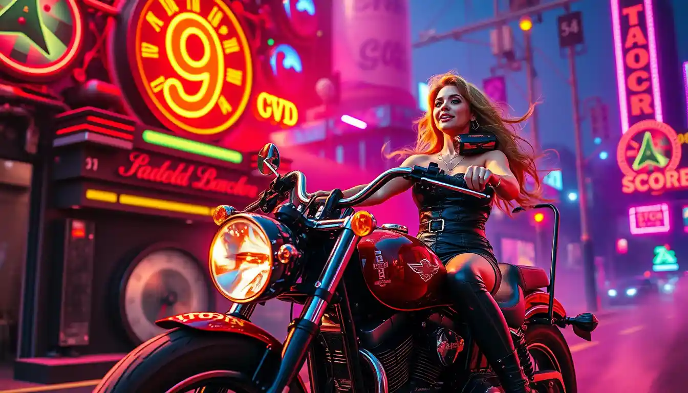 Woman riding motorcycle through neon steampunk fantasy city flames
