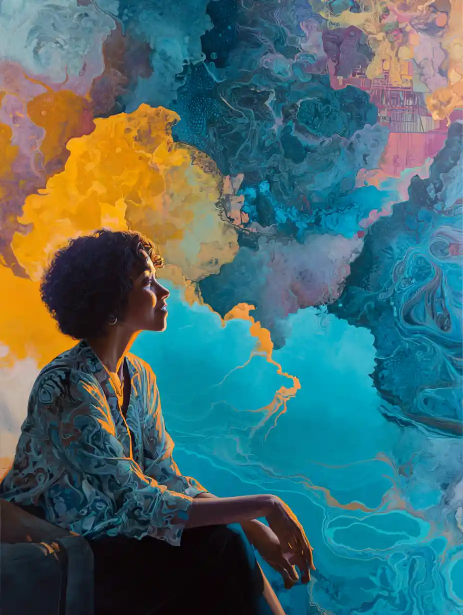 Woman in surreal swirling abstract dreamscape