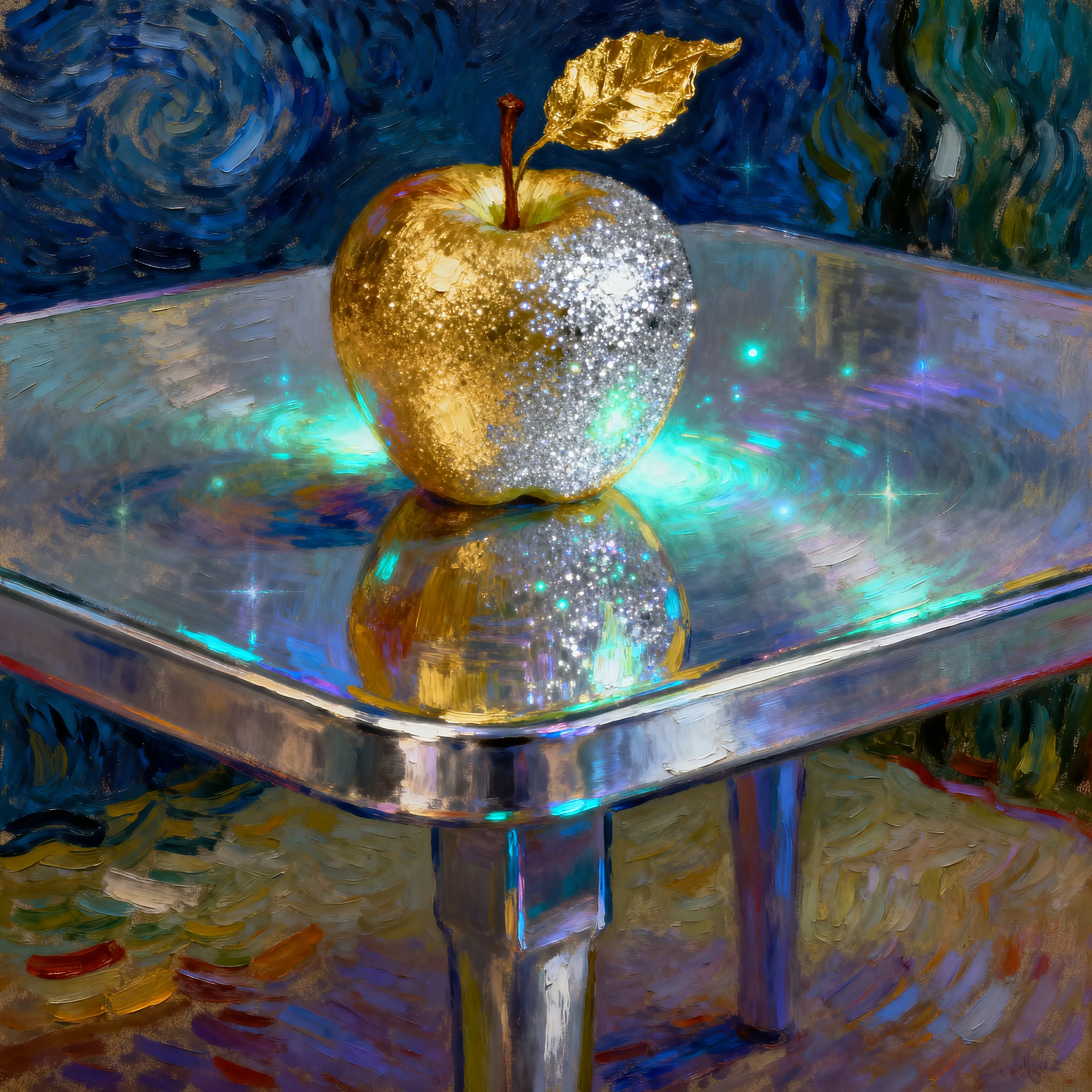 Goldener Apfel mit silbernem Glitzer auf einem reflektierenden Metalltisch