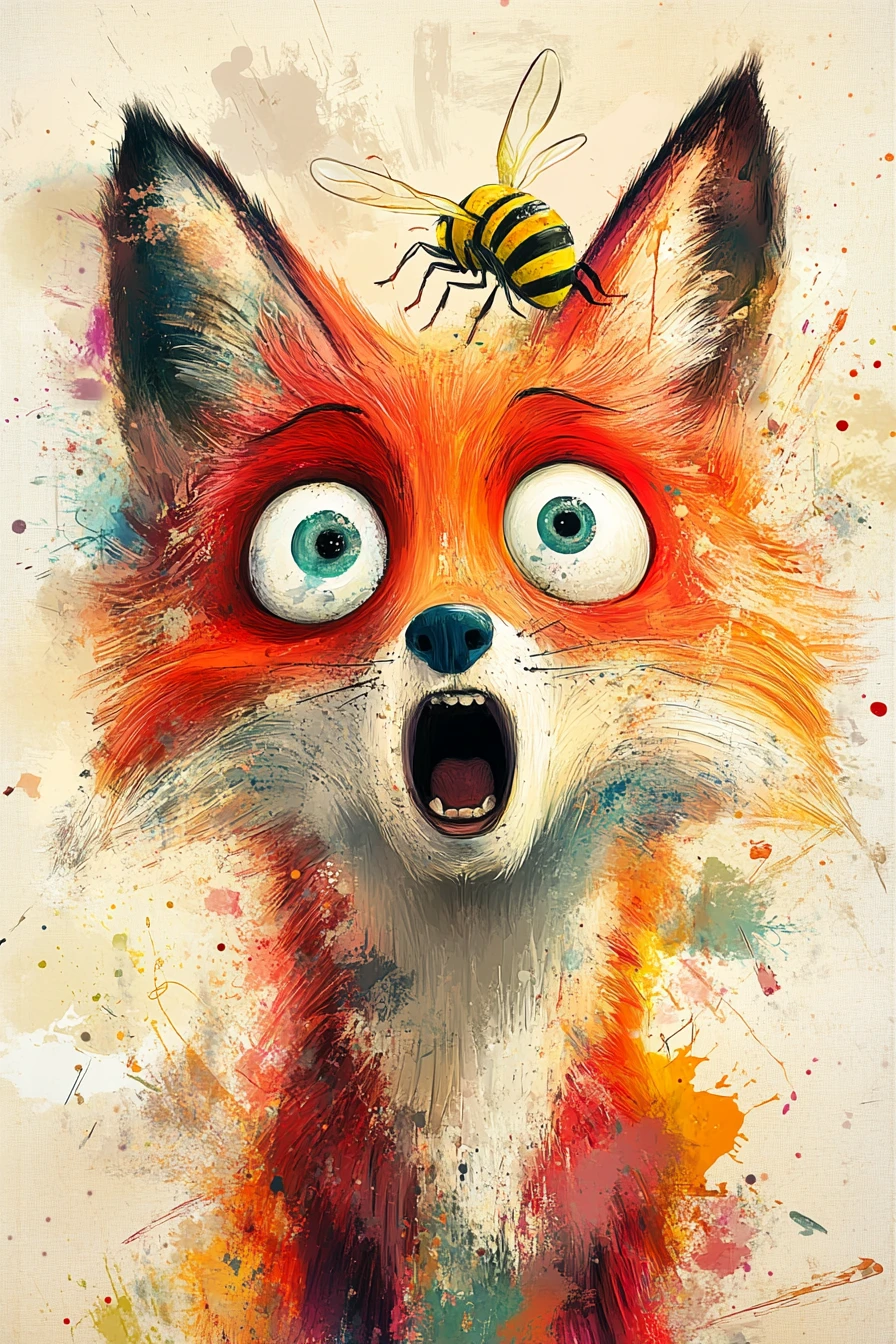 Startled fox with buzzing bee in whimsical digital painting