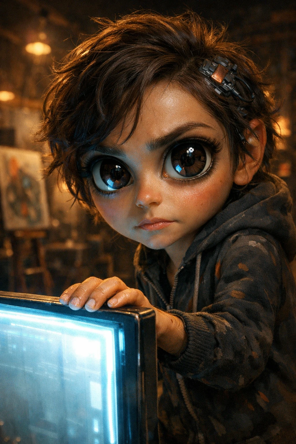 Close up portrait of an ai artist by glowing screen