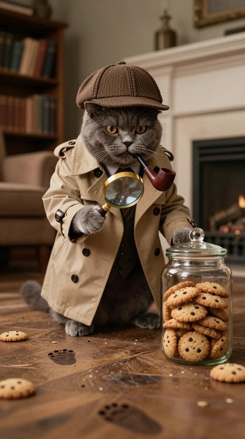 Detective cat studying a cookie jar in cozy living room