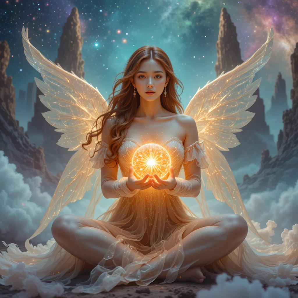 Cosmic weaver woman cradling a newborn star in nebula