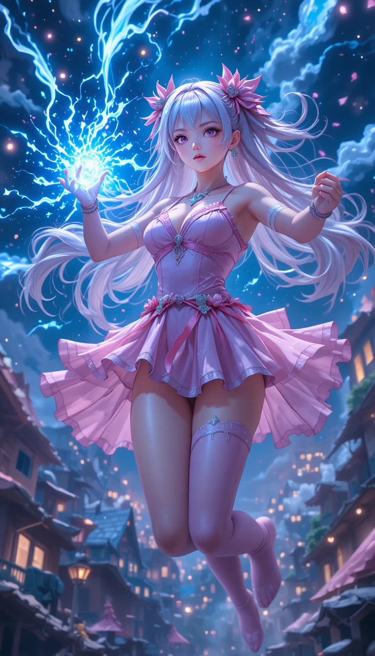 Magical anime girl unleashing a final blue energy attack