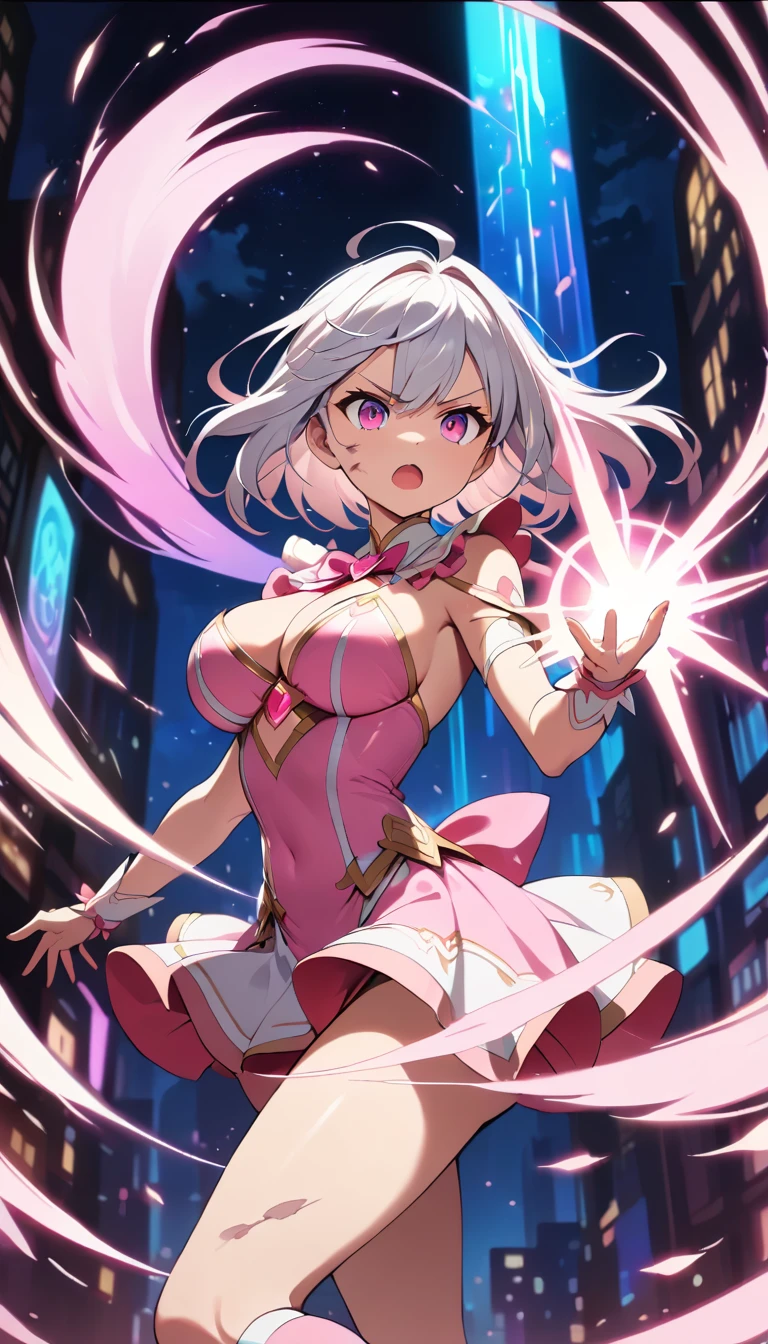 Magical anime girl unleashing neon power in starry sky