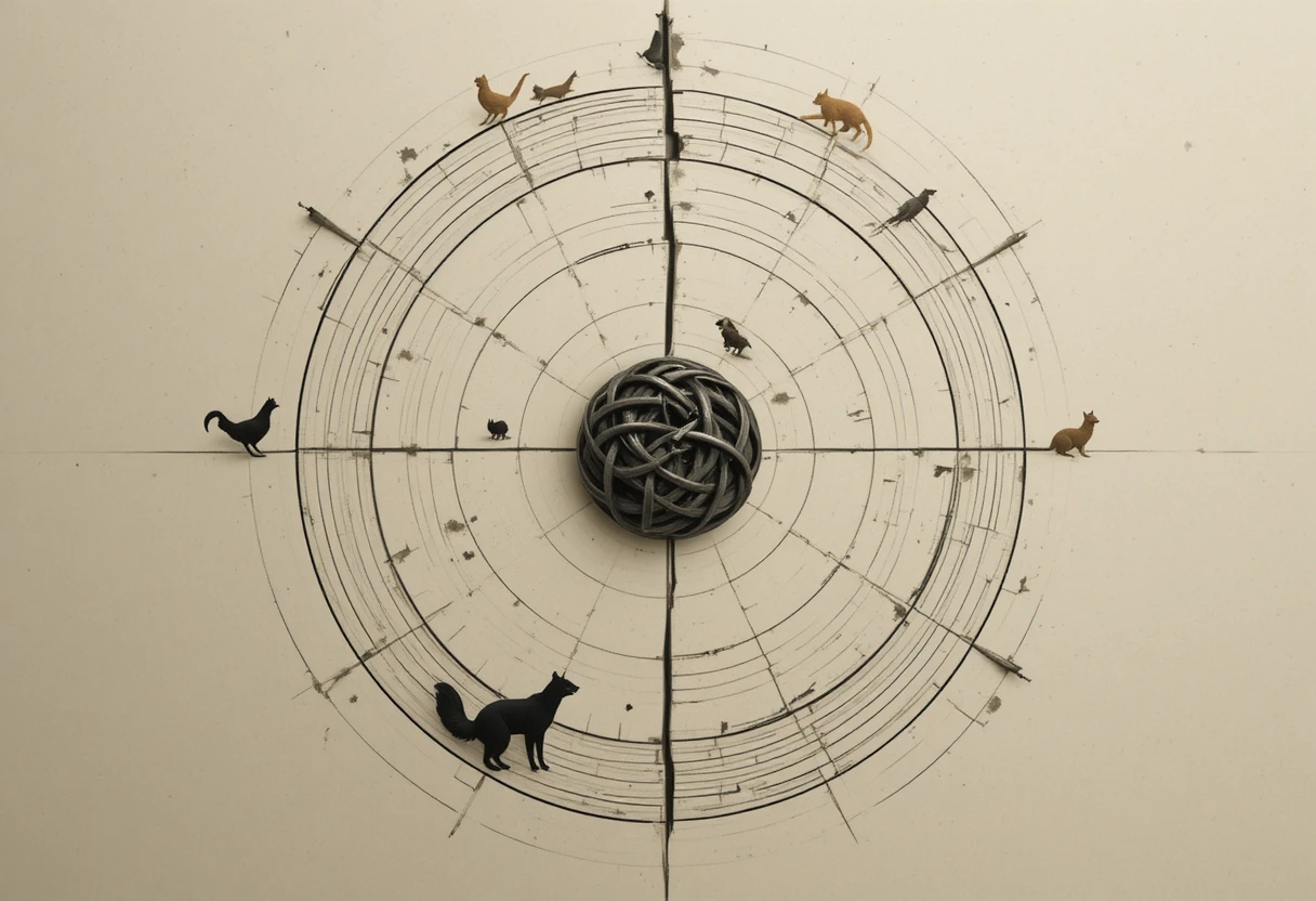 Zentriertes geometrisches Mandala mit Tiersilhouetten und Wirbel