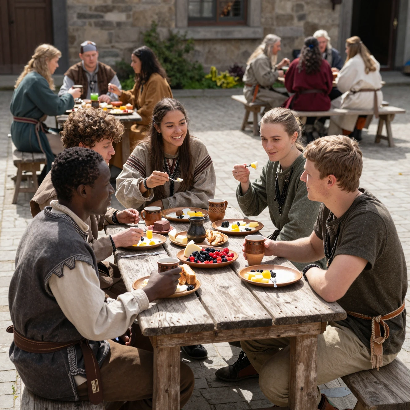 Amigos compartiendo el desayuno en una mesa soleada de patio de fantasía