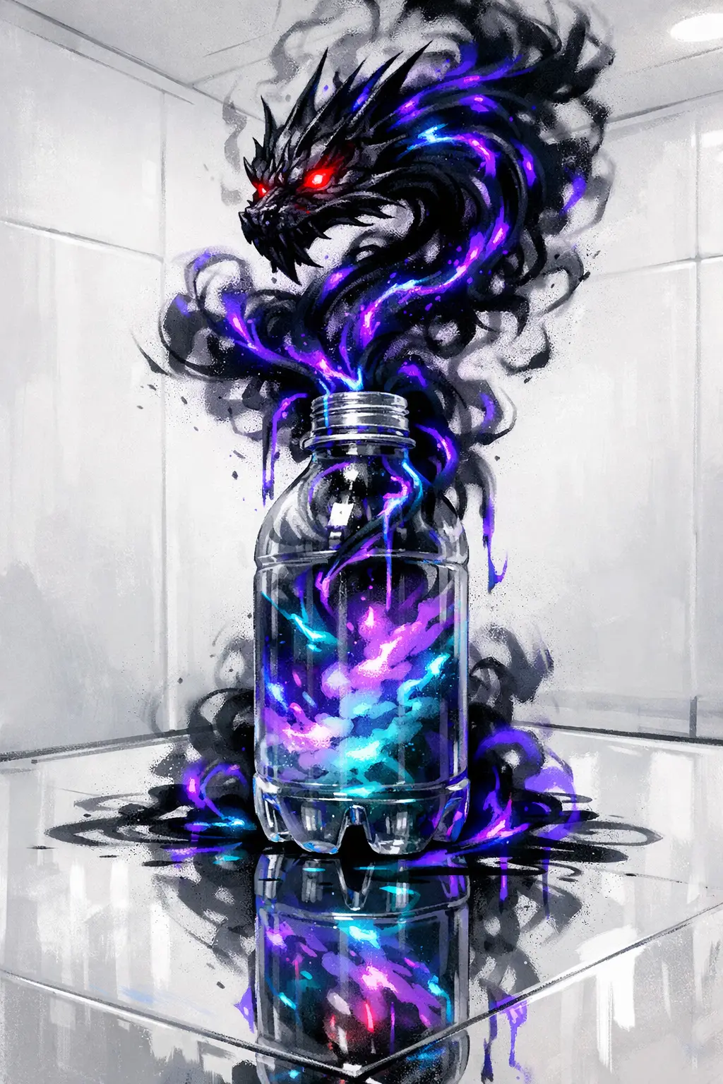 Smoky Dragon Emerging From Glowing Bottle In White Room