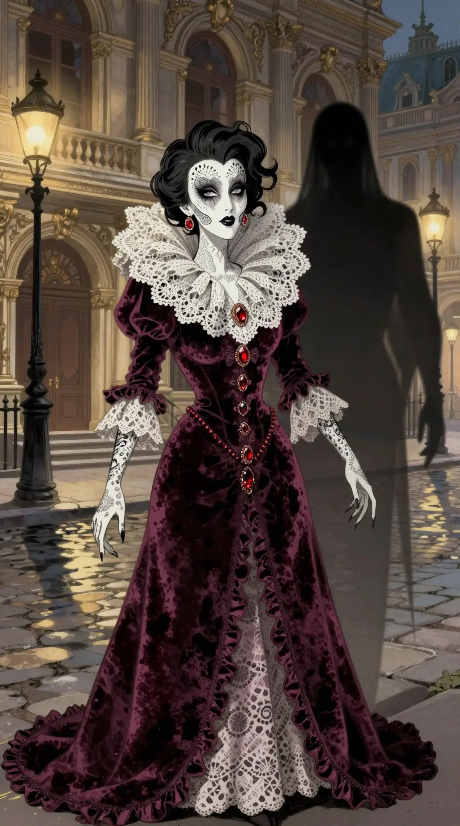 Dramatic opera singer in velvet before a Victorian theater