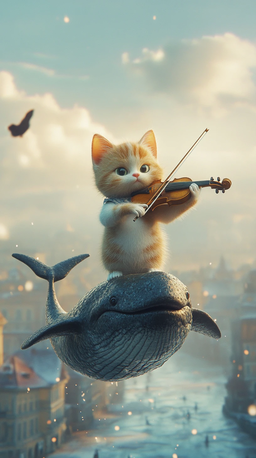 Gatto dei cartoni che suona il violino su una balena sopra una città