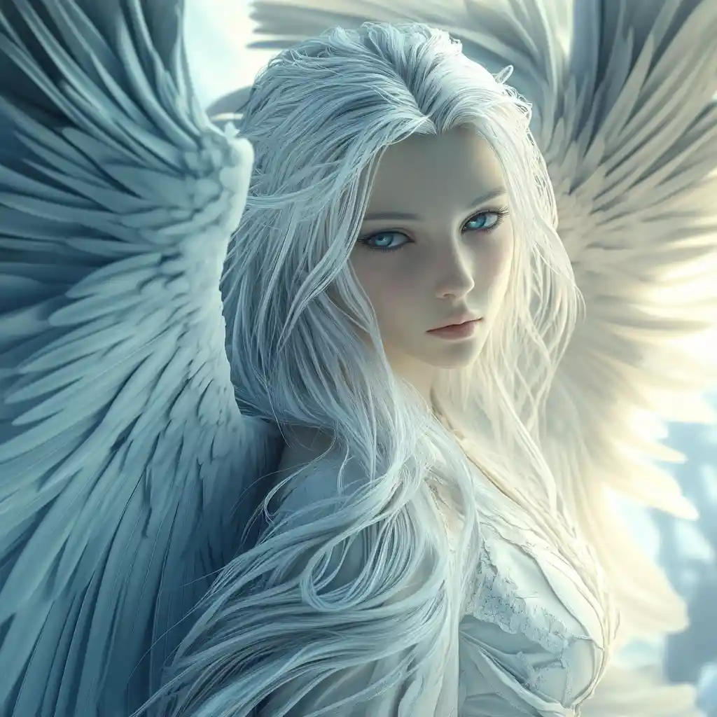 Ethereal angelic woman wrapped in luminous white wings