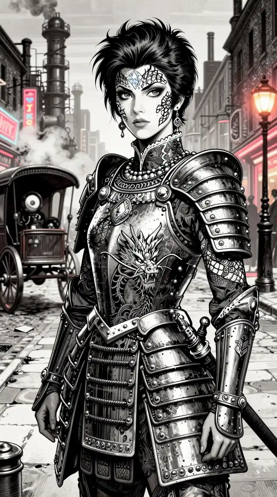 Oriental female warrior in neon lit Victorian London street