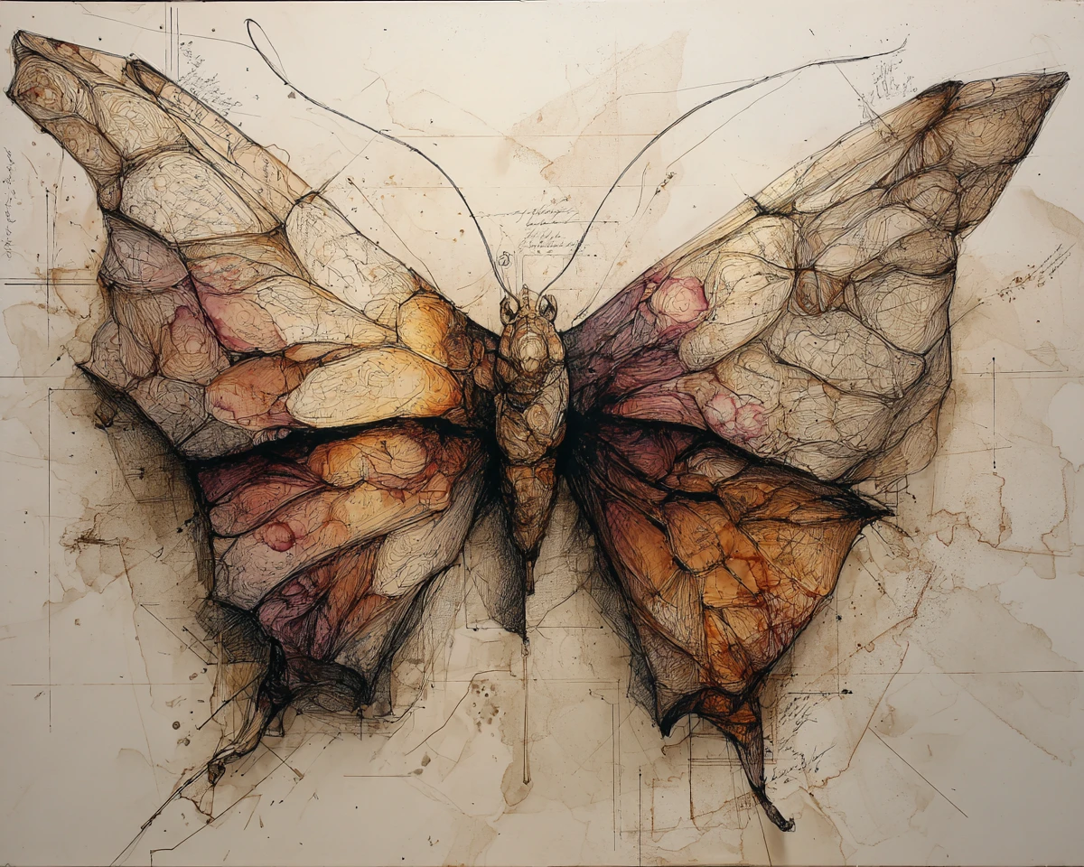 Leuchtender abstrakter Schmetterling in Mixed-Media-Gemälde
