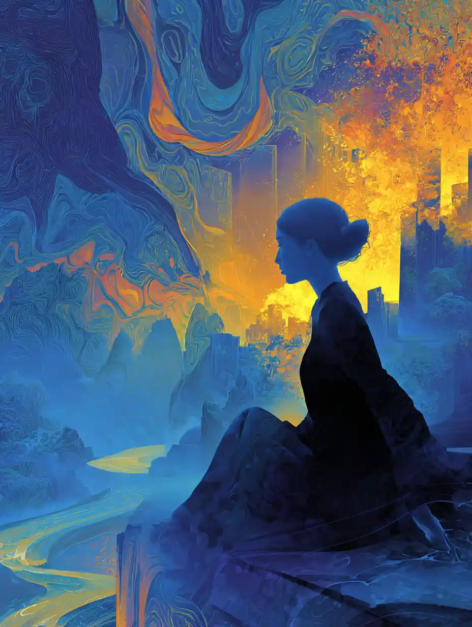 Mulher em cores surreais em espiral com cenário distante e enevoado