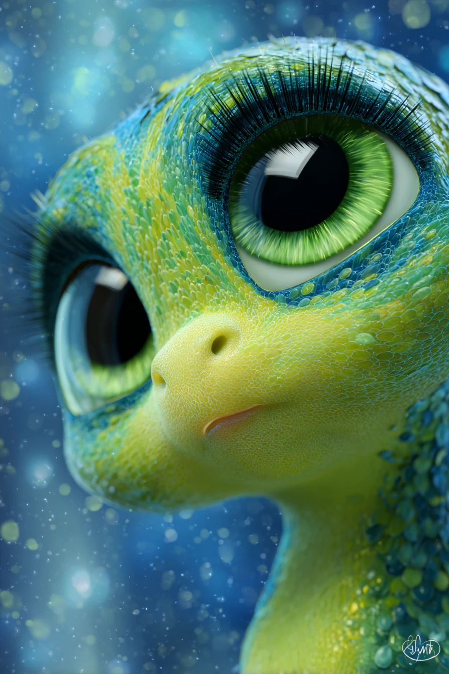 Adorable criatura de caricatura con enormes ojos verdes brillantes