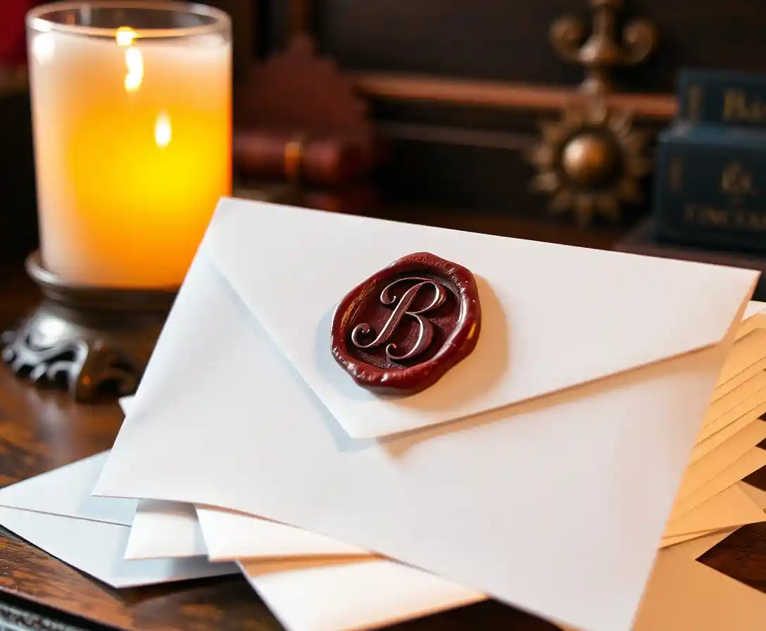 Stack of wax sealed white envelopes on antique desk