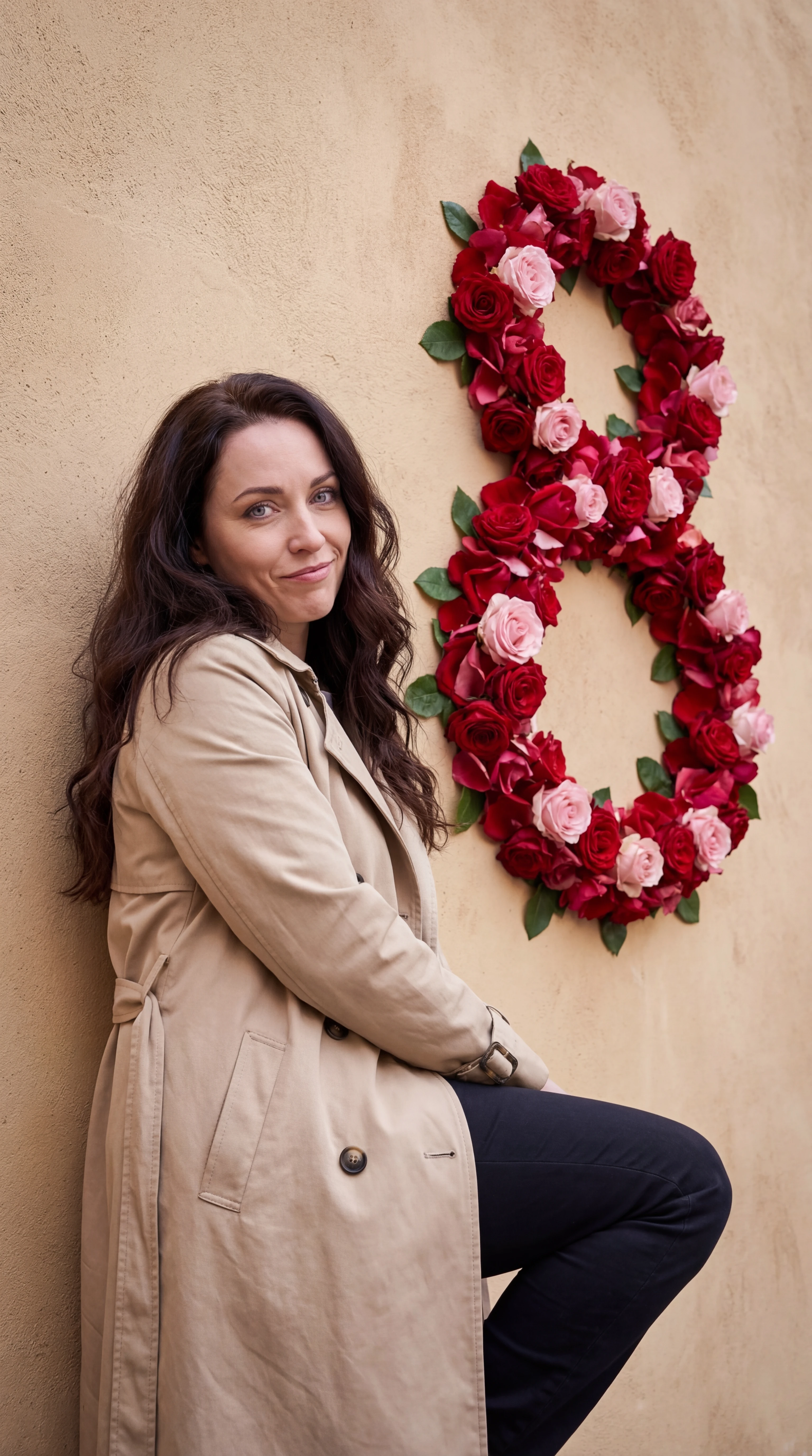 Elegant brunette woman leaning against an indoor wall