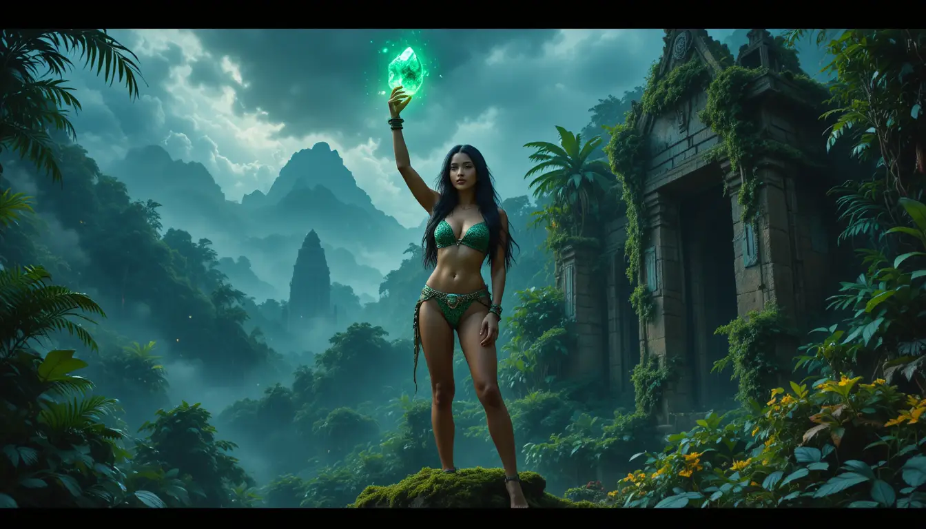 Amazonian warrior queen holding a glowing emerald crystal