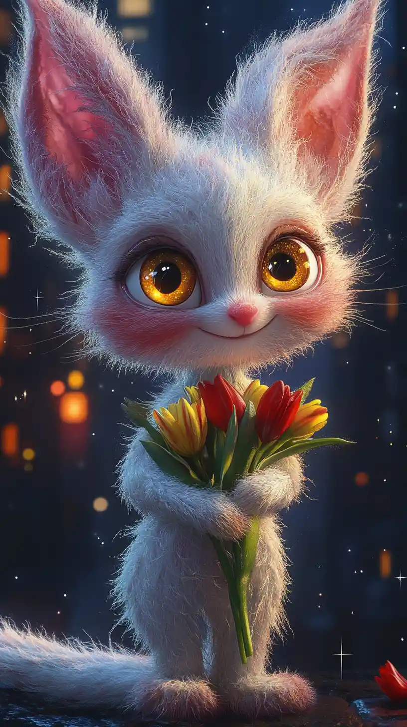 Cute fantasy creature with tulips in glowing night city