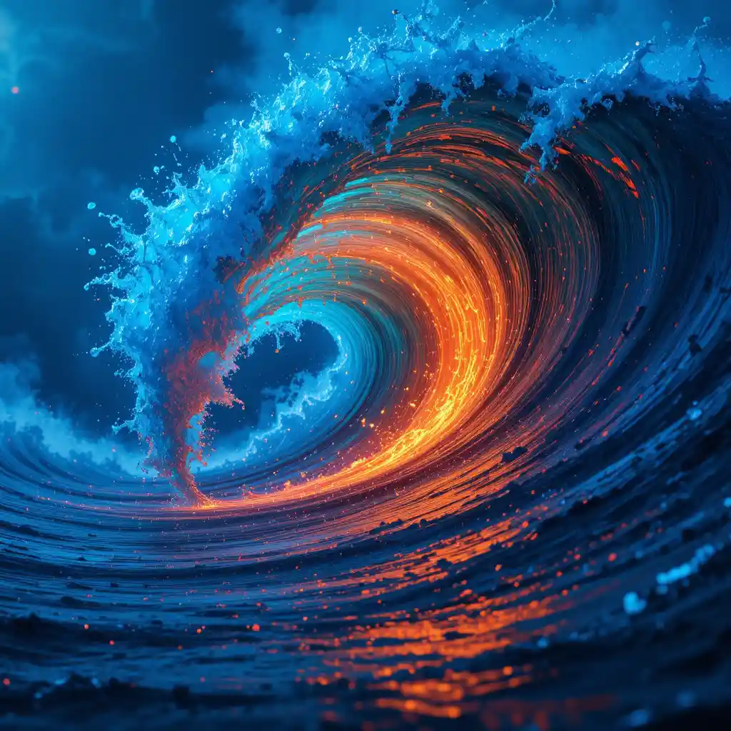 Fiery ocean wave swirling with molten lava and water