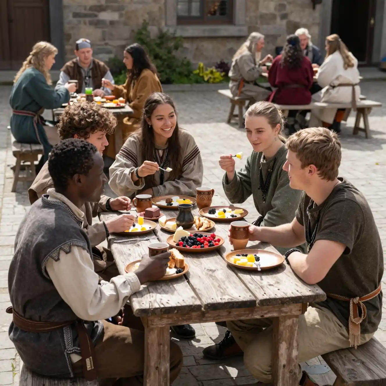 Amigos compartiendo el desayuno en una mesa soleada de patio de fantasía