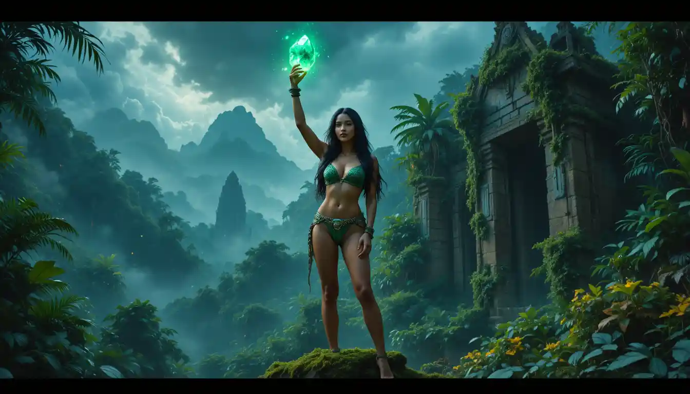 Amazonian warrior queen holding a glowing emerald crystal
