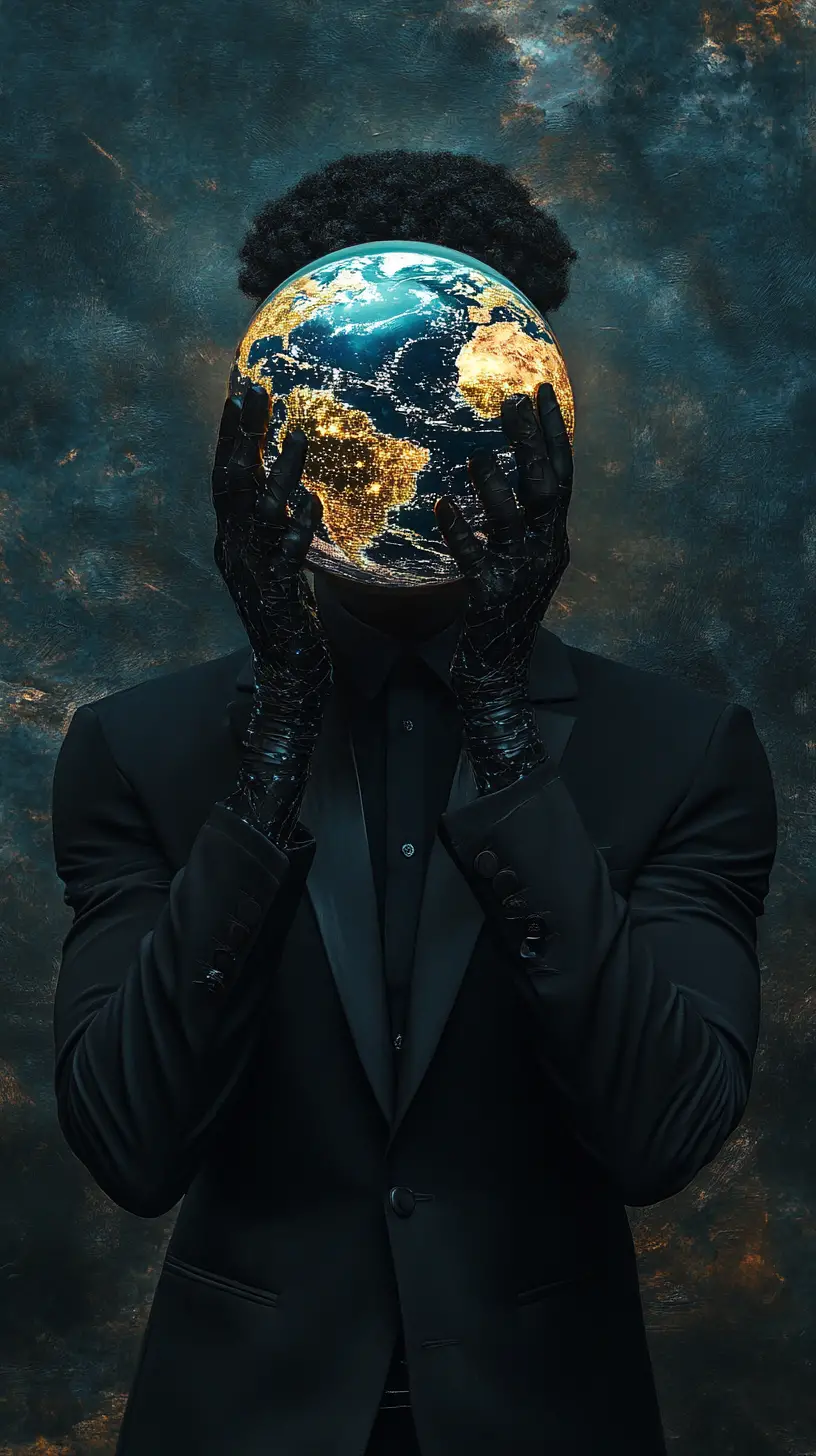 Afrofuturistic man in suit with glowing earth helmet