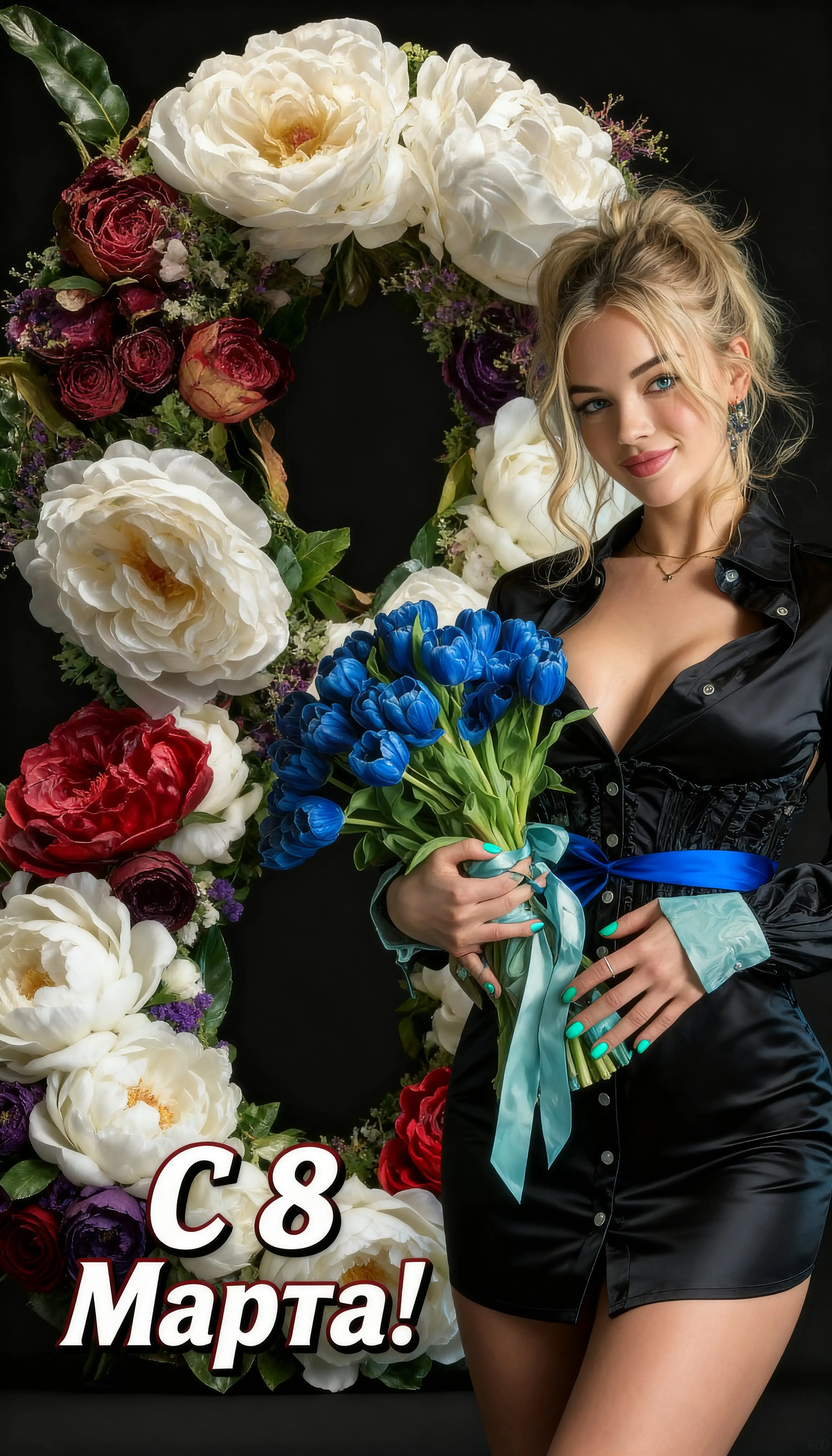 Smiling blonde woman holding blue tulips greeting card